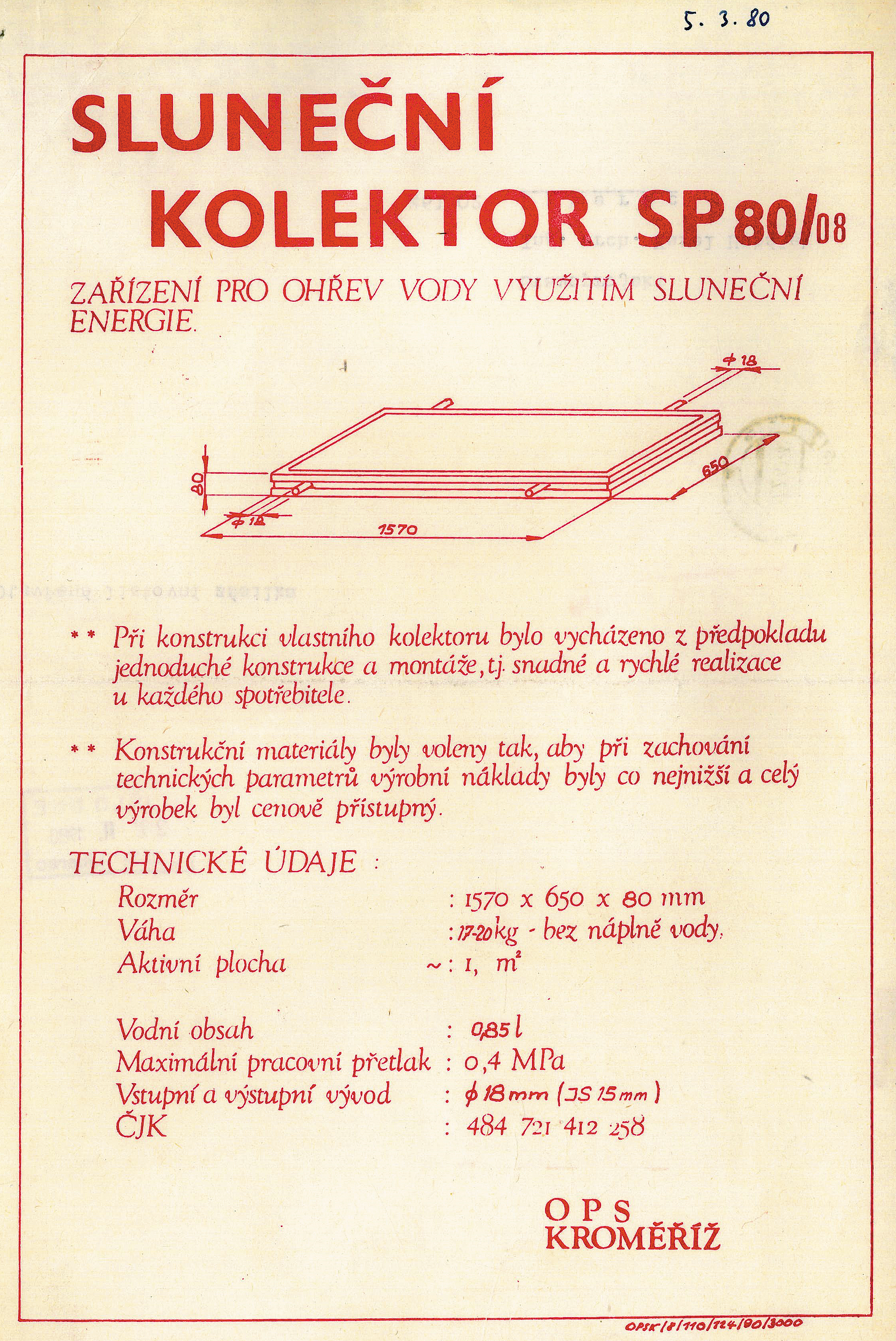 První prospekt na kolektor SP 80/08, Pragotherm 1980