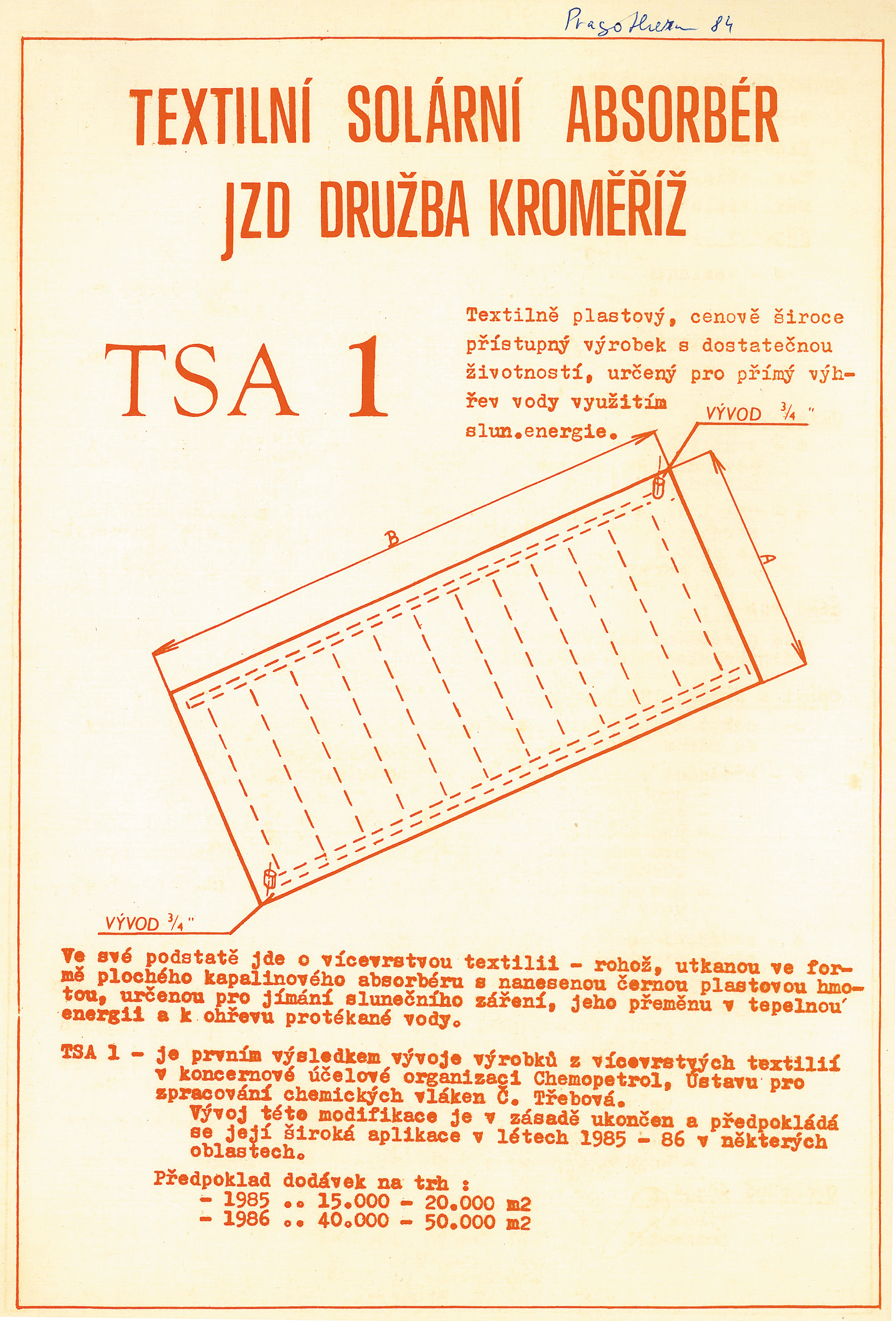 První prospekt na textilní absorbér TSA 1, Pragotherm 1984